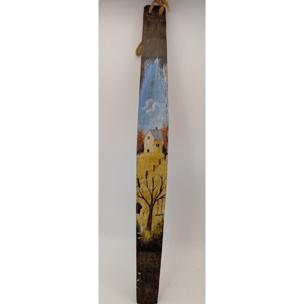 Hand Painted Folk Art Landscape on Barrel Stave Style Curved Wood Wall Hanging
